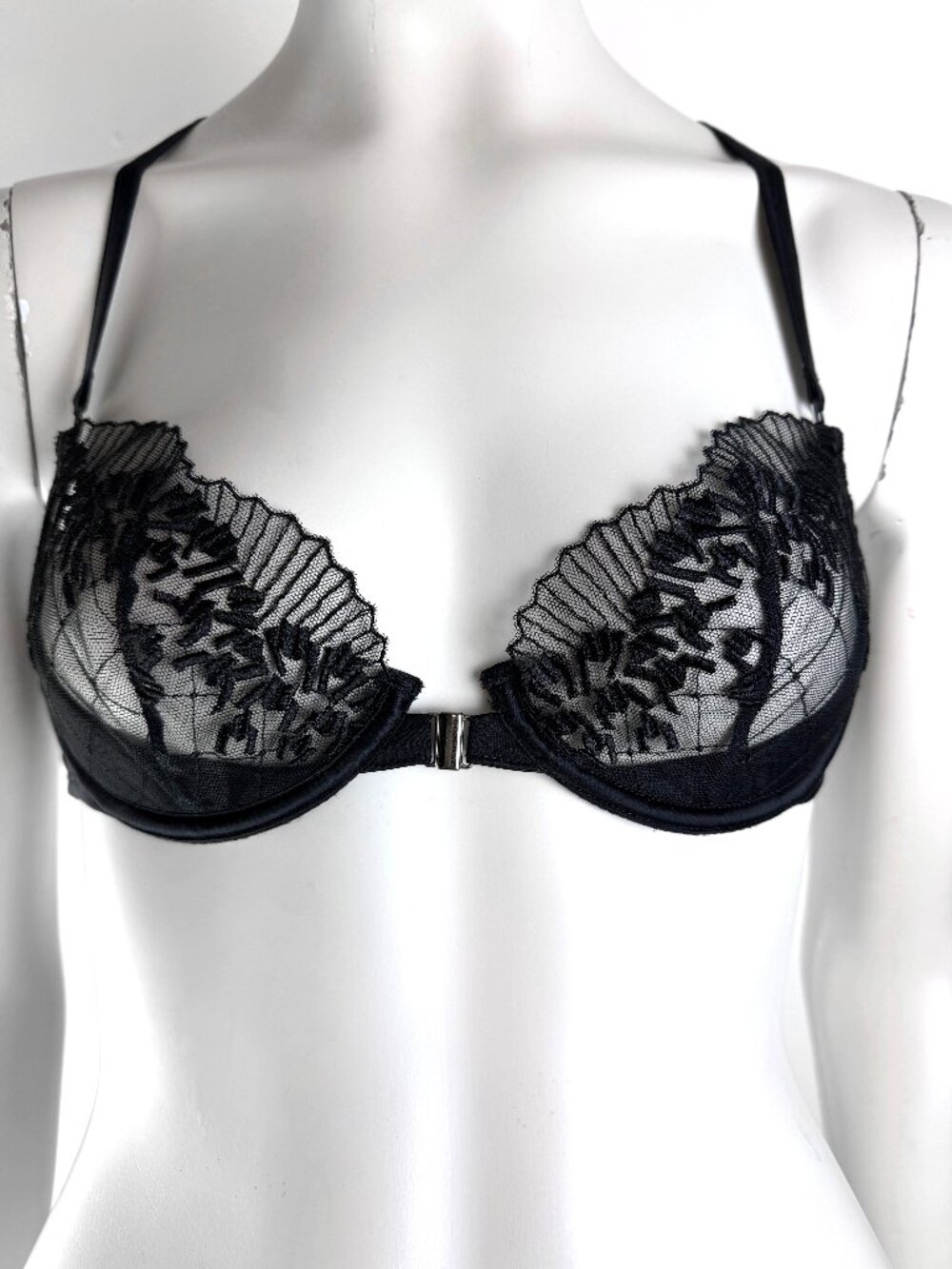 Myla London Bra Confetti Embroidery Sheer Mesh Racerback Front-Clasp Black 34B